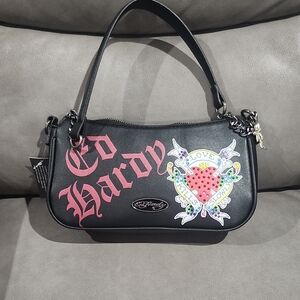Ed Hardy Black Shoulder Bag with Red and Multicolor Design